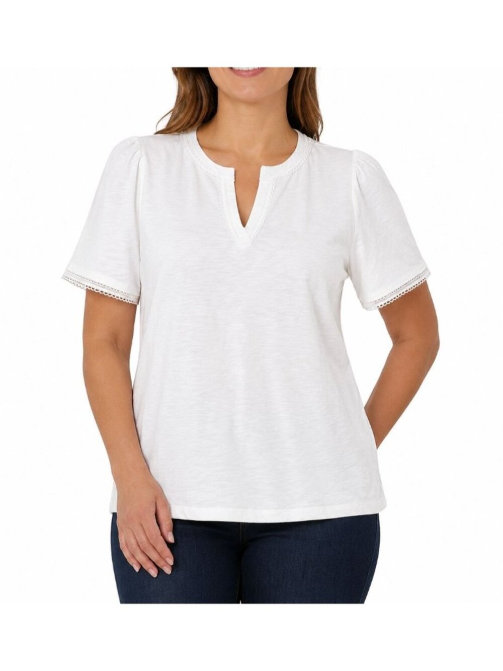 Jones New York Womens XL White Crochet-Trim Short-Sleeve Top